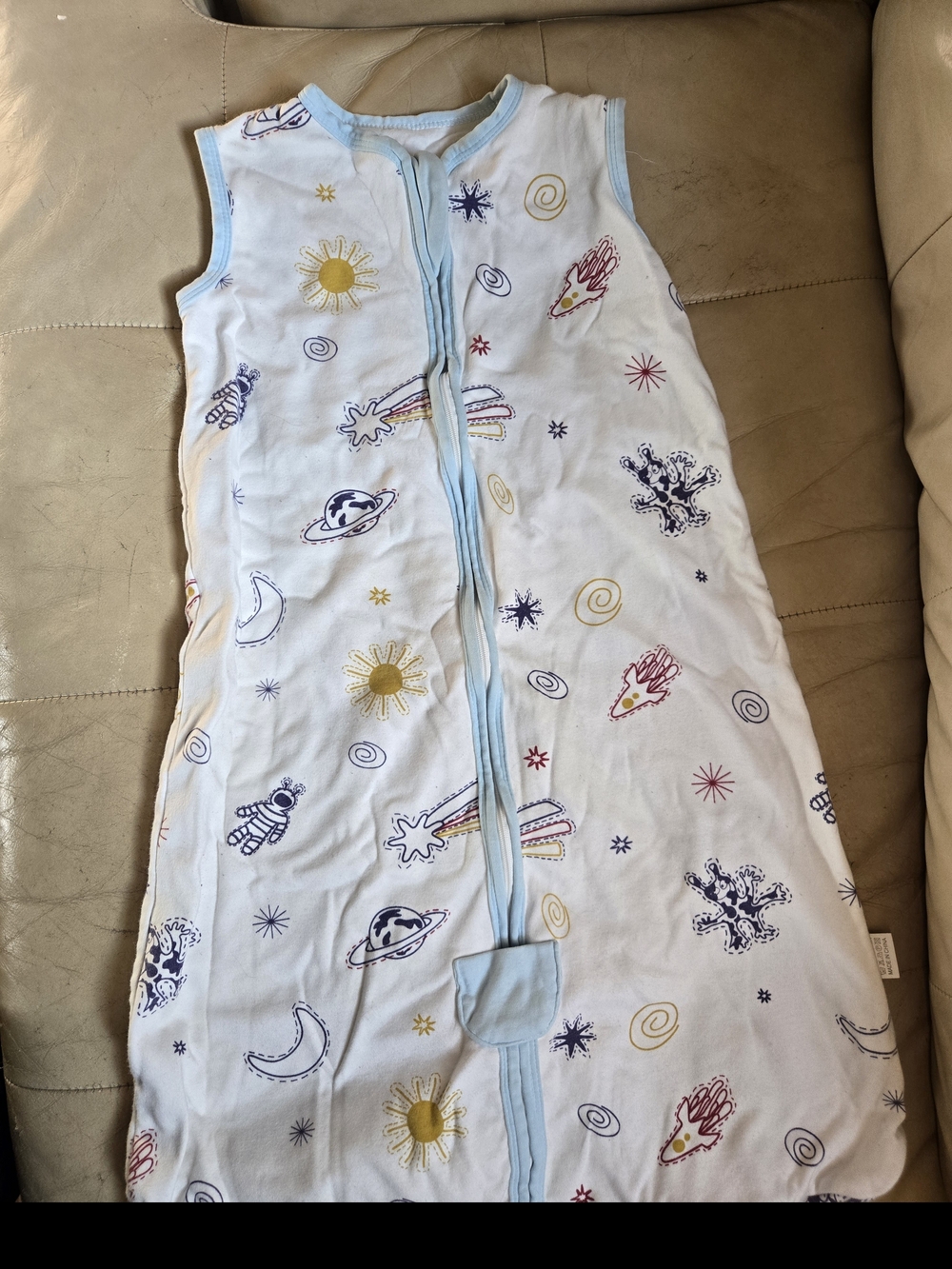 Baby Sleep Sack - White with Light Blue Trim, Space & Sun Print